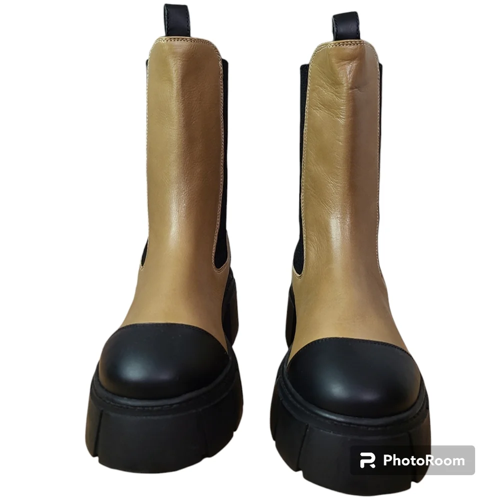 NEW FREE PEOPLE Size 10 Maren Tan Leather Chunky Utility Platform Chelsea Boots
